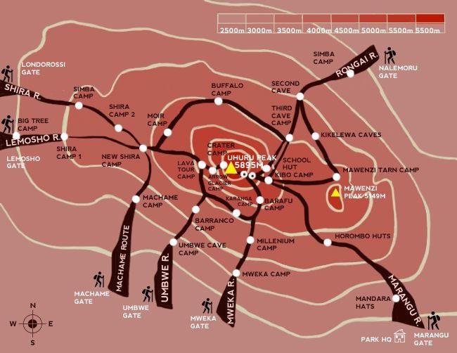 Detailed Kilimanjaro climbing routes map showing Machame, Lemosho, Marangu, Rongai and Northern Circuit paths